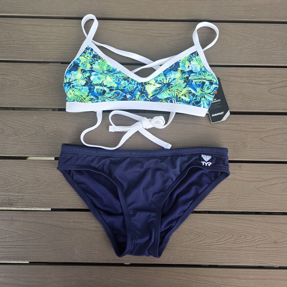 TYR Womens Durafast Floral Malibu Tieback Top & Navy Workout Bikini Sz S New